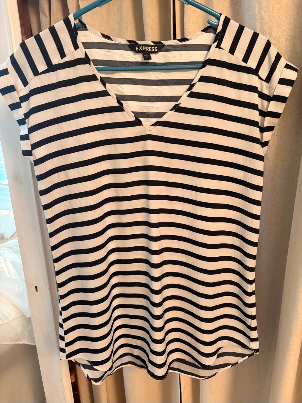 Express Black and White Striped V-Neck Tee